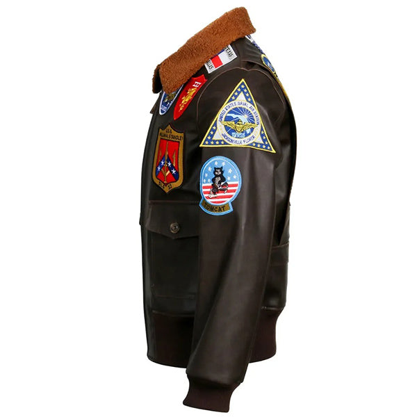 Dark Brown Patched Aviator Bomber Jacket with Fur Collar