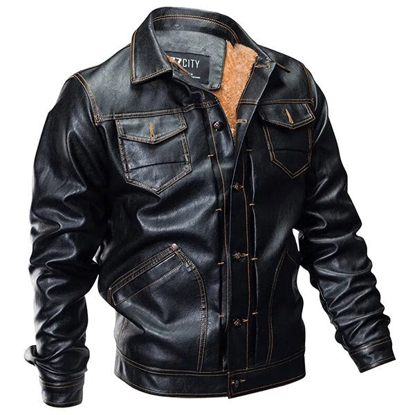 Men's Vintage Black Faux Leather Jacket with Fur