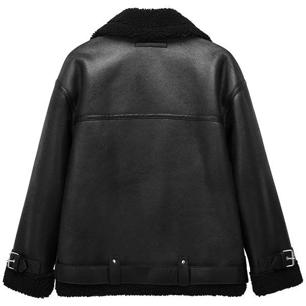 Black Faux Leather Oversized Aviator Shearling Jacket