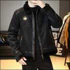 Men's Black Aviator Jacket with Patches & Faux Fur