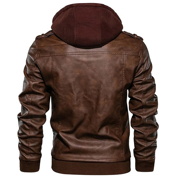 Men's Brown Hooded Faux Leather Bomber Jacket