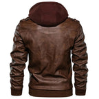 Men's Brown Hooded Faux Leather Bomber Jacket