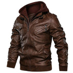 Men's Brown Hooded Faux Leather Bomber Jacket
