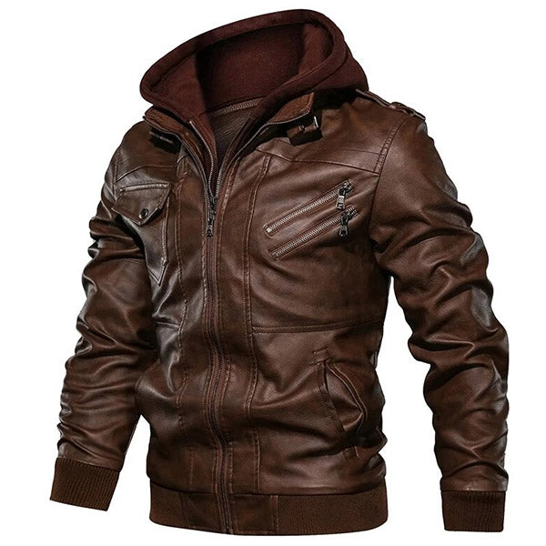 Men's Brown Hooded Faux Leather Bomber Jacket