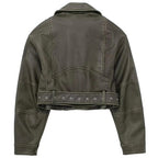 Distressed Dark Olive Faux Leather Cropped Biker Jacket