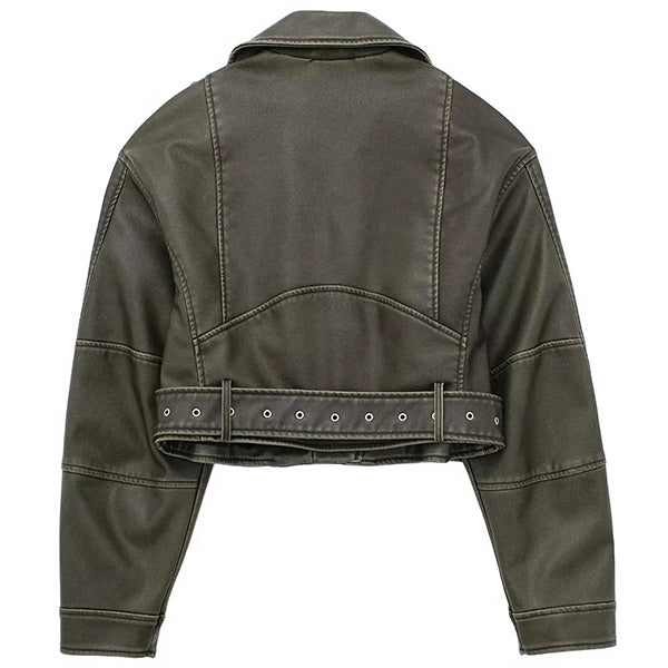 Distressed Dark Olive Faux Leather Cropped Biker Jacket
