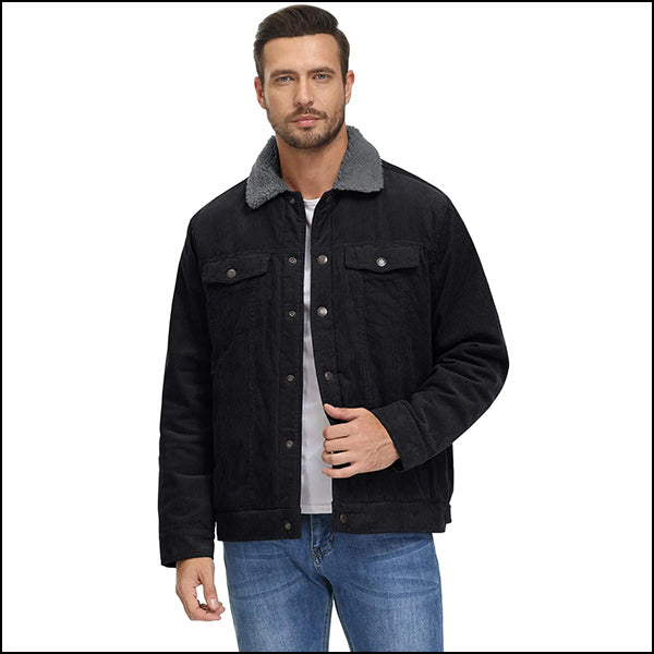 Men's Black Corduroy Sherpa Lined Trucker Jacket