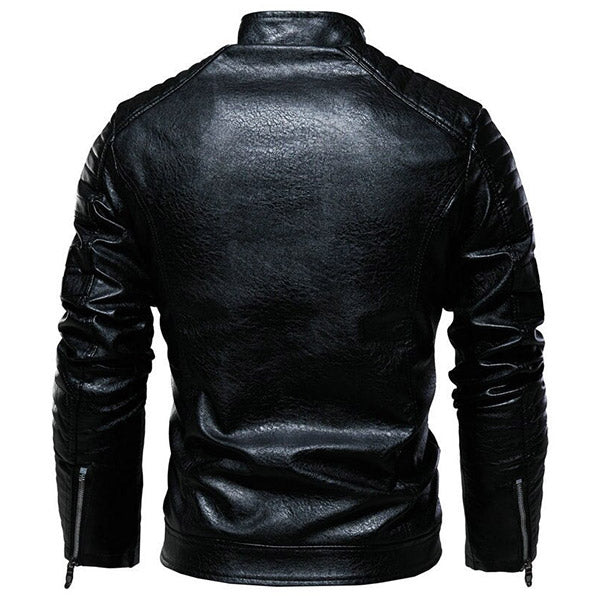 Men's Black Faux Leather Biker Jacket with Patches