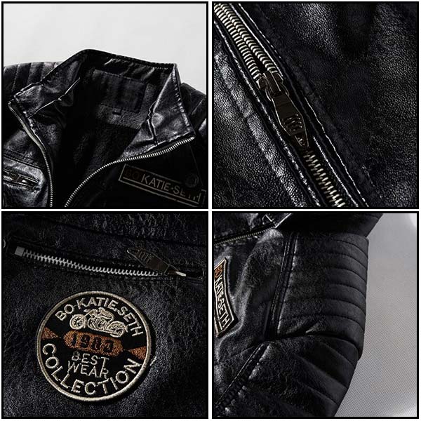 Men's Black Faux Leather Biker Jacket with Patches