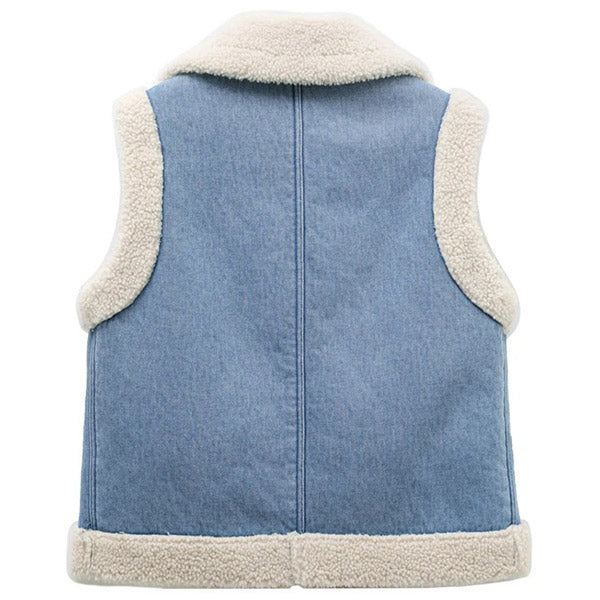 Light Wash Denim Vest with Cream Sherpa Lining
