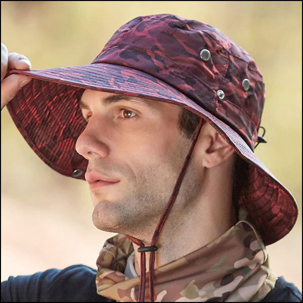 Unisex Red Camo Outdoor Sun Hat with Chin Strap