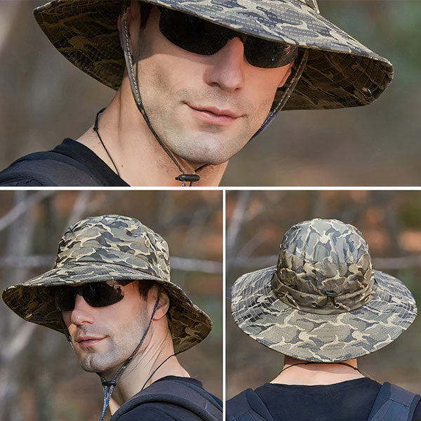 Camo Wide Brim Bucket Hat with Chin Strap