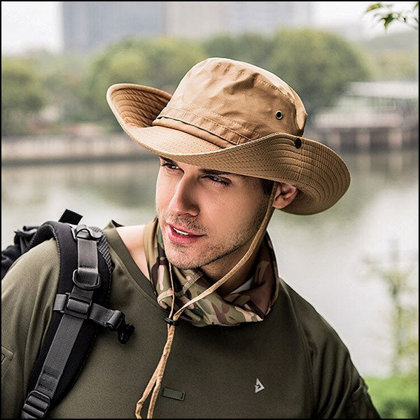 Khaki Wide Brim Sun Hat with Adjustable Chin Strap