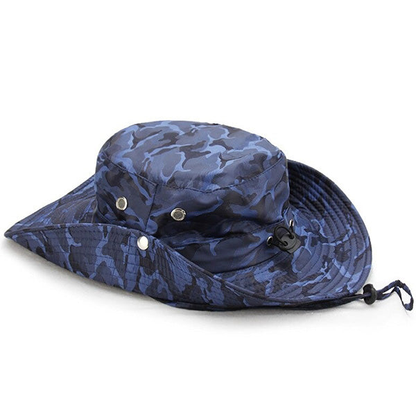 Blue Camo Boonie Hat with Wide Brim and Chin Strap