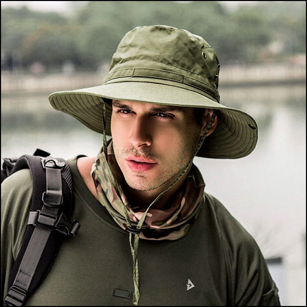 Olive Green Wide Brim Boonie Hat with Chin Strap