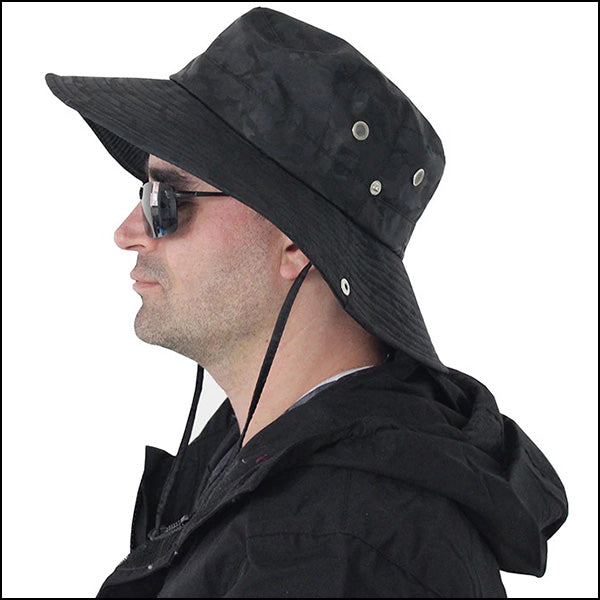 Wide Brim Black Camo Boonie Hat with Drawstring