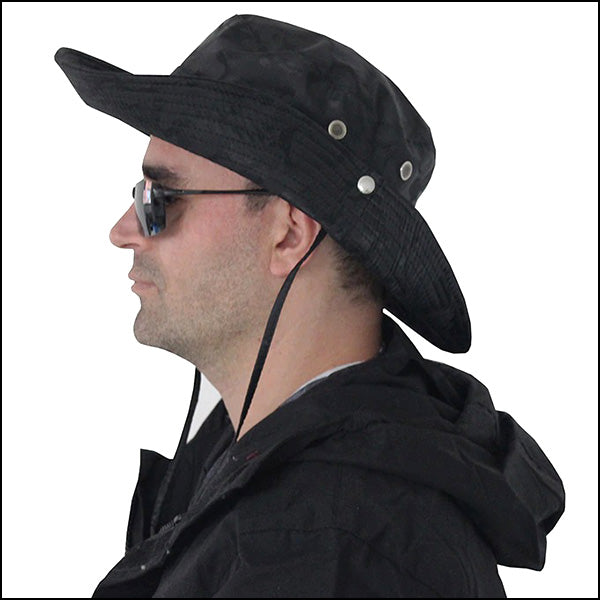 Wide Brim Black Camo Boonie Hat with Drawstring