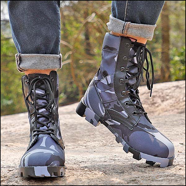 Blue Camouflage Canvas High-Top Combat Boots