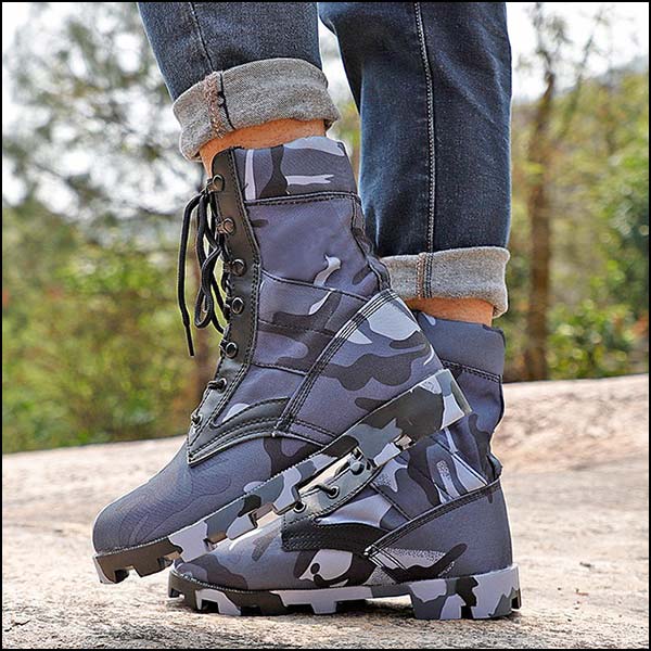 Blue Camouflage Canvas High-Top Combat Boots