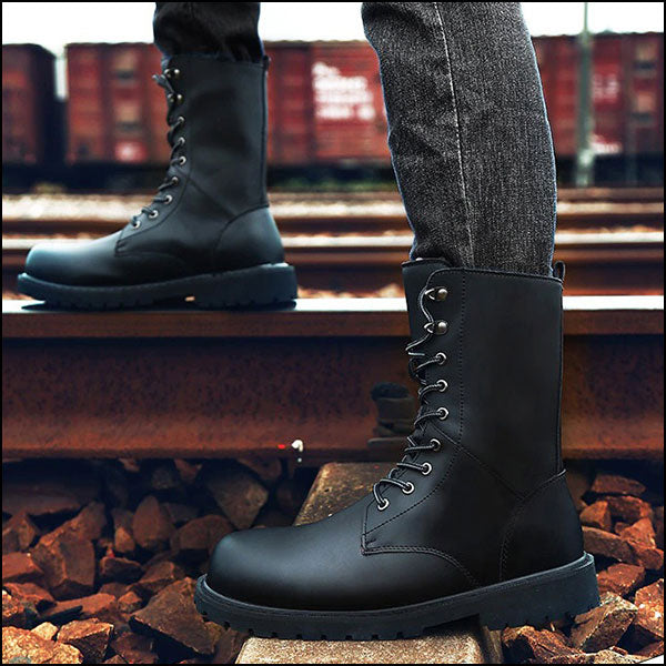 Men's Black Mid-Calf Lace-Up Combat Boots