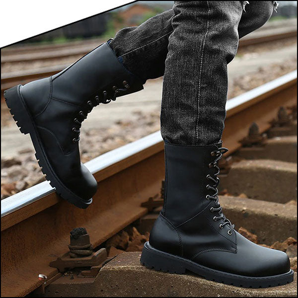 Men's Black Mid-Calf Lace-Up Combat Boots