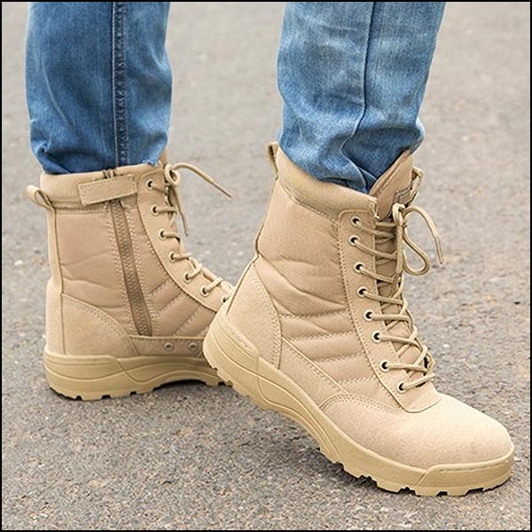Men's Tan Suede and Fabric Tactical Boots