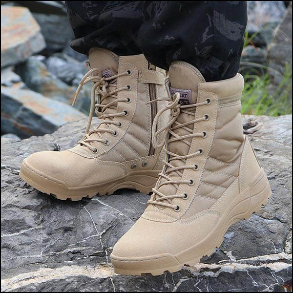 Men's Tan Suede and Fabric Tactical Boots