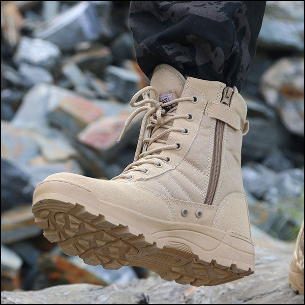 Men's Tan Suede and Fabric Tactical Boots
