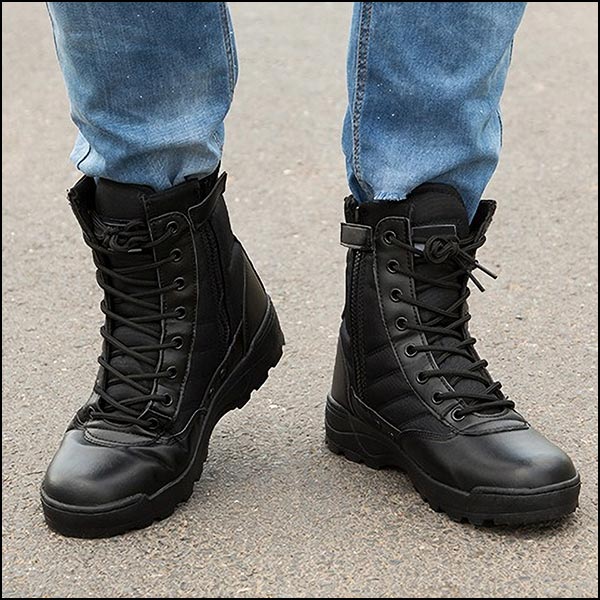 Men's Black Leather and Fabric Combat Boots