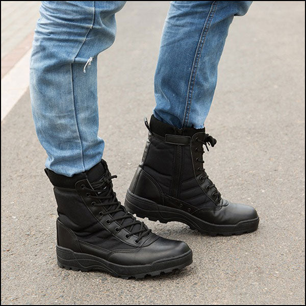 Men's Black Leather and Fabric Combat Boots