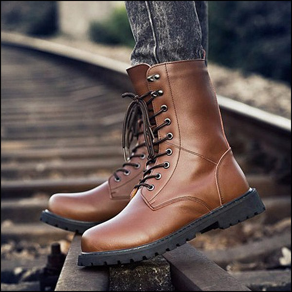 Unisex Brown Faux Leather Lined Combat Boot