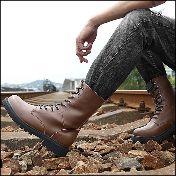 Unisex Brown Faux Leather Lined Combat Boot