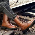 Unisex Brown Faux Leather Lined Combat Boot