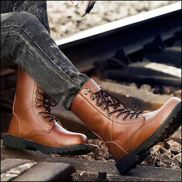 Unisex Brown Faux Leather Lined Combat Boot