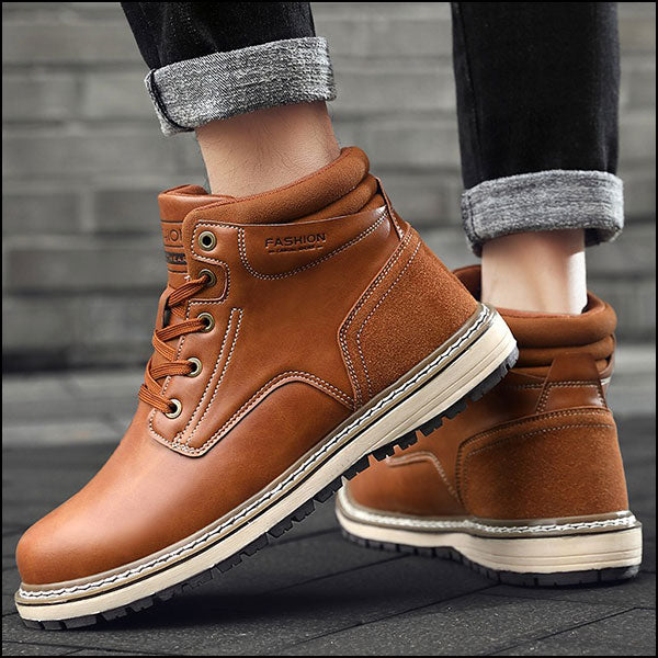 Men's Tan Faux Leather Ankle Boots with Suede