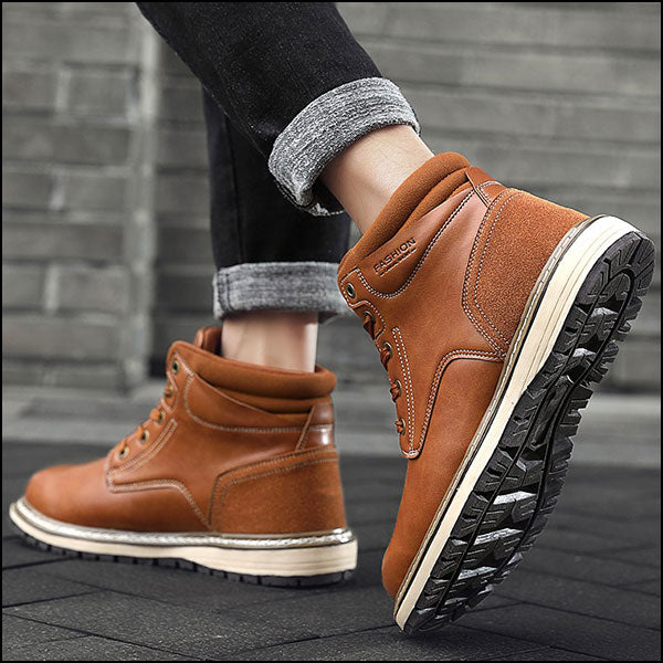 Men's Tan Faux Leather Ankle Boots with Suede