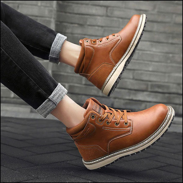 Men's Tan Faux Leather Ankle Boots with Suede