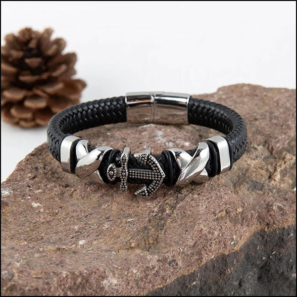 Black Braided Leather Bracelet with Studded Anchor Charm