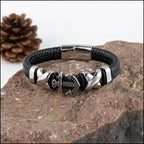 Black Braided Leather Bracelet with Studded Anchor Charm