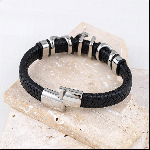 Black Braided Leather Bracelet with Studded Anchor Charm