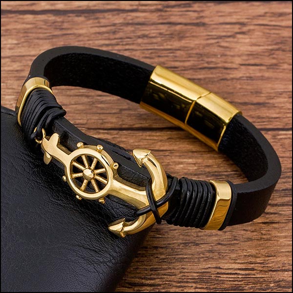Men's Nautical Black Leather Bracelet with Anchor Charm