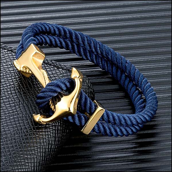 Nautical Navy Blue Rope Bracelet with Gold Anchor Clasp