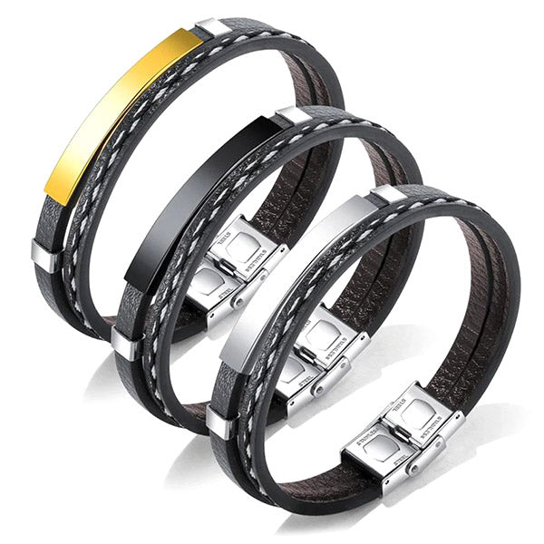Men's Black Leather Bracelet with Gold Bar & Stitching
