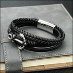 Black Multi-Layer Braided Leather Bracelet with Anchor