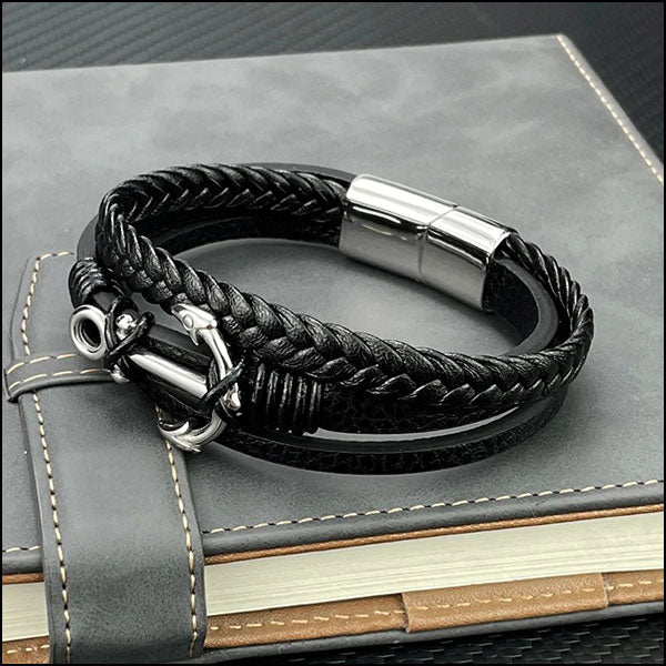 Black Multi-Layer Braided Leather Bracelet with Anchor