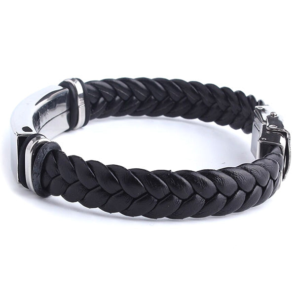 Modern Men's Black Braided Leather Bracelet with ID Plate