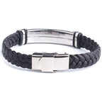 Modern Men's Black Braided Leather Bracelet with ID Plate