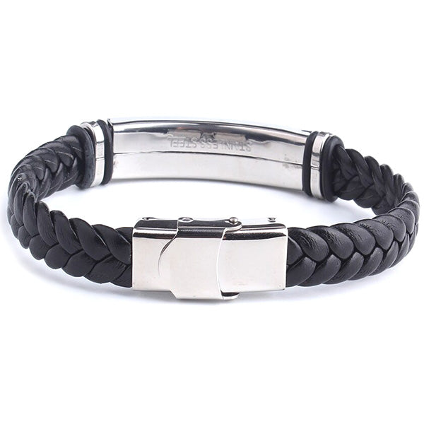 Modern Men's Black Braided Leather Bracelet with ID Plate