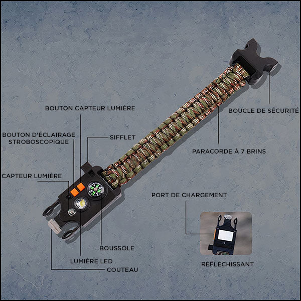 Camo Survival Bracelet with Compass & Flashlight