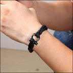 Men's Black Braided Leather Shackle Bracelet